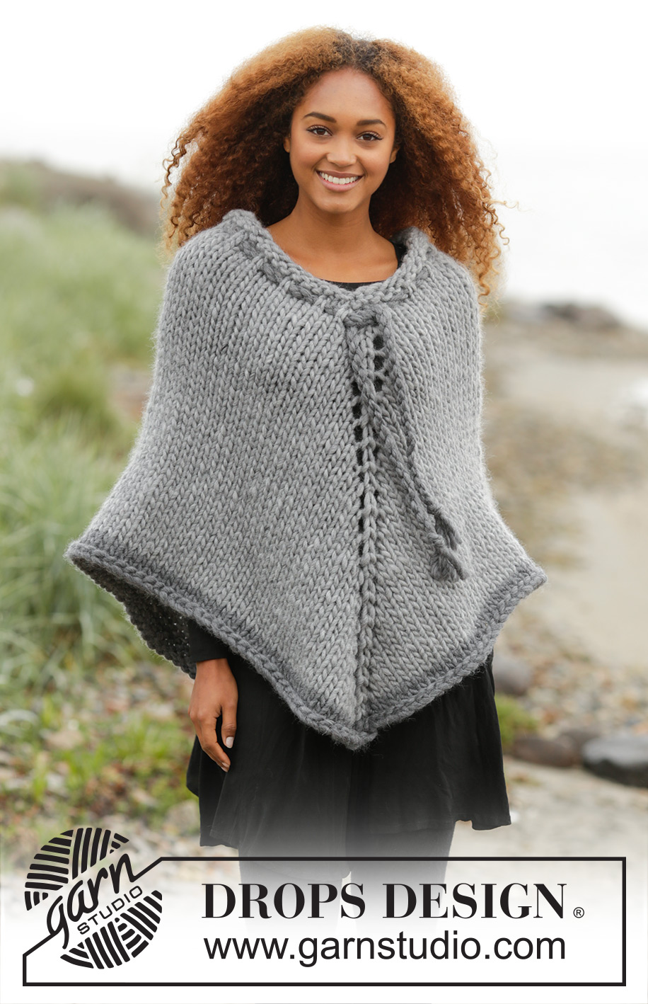 Cozy Cover / DROPS 173-32 - Poncho DROPS avec cordelière autour de l'encolure, tricoté de haut en bas, en ”Polaris”. Du S au XXXL.