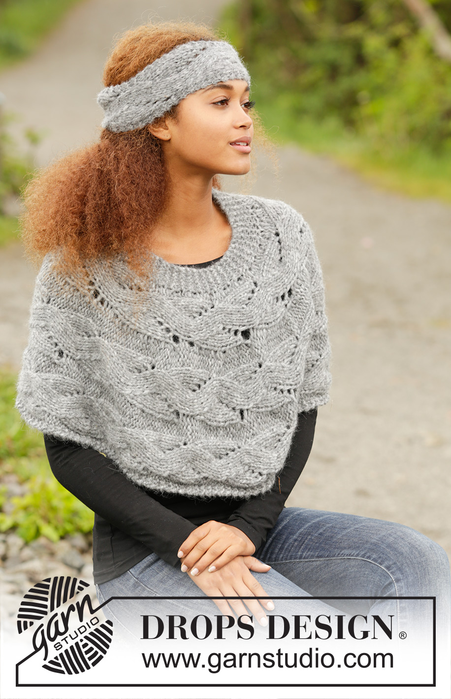 Passing Storm / DROPS 173-34 - Poncho et bandeau au tricot avec point ajouré, tricotés dans le sens de la longueur, avec 1 fil DROPS Cloud ou 2 fils DROPS Air. Du S au XXXL.