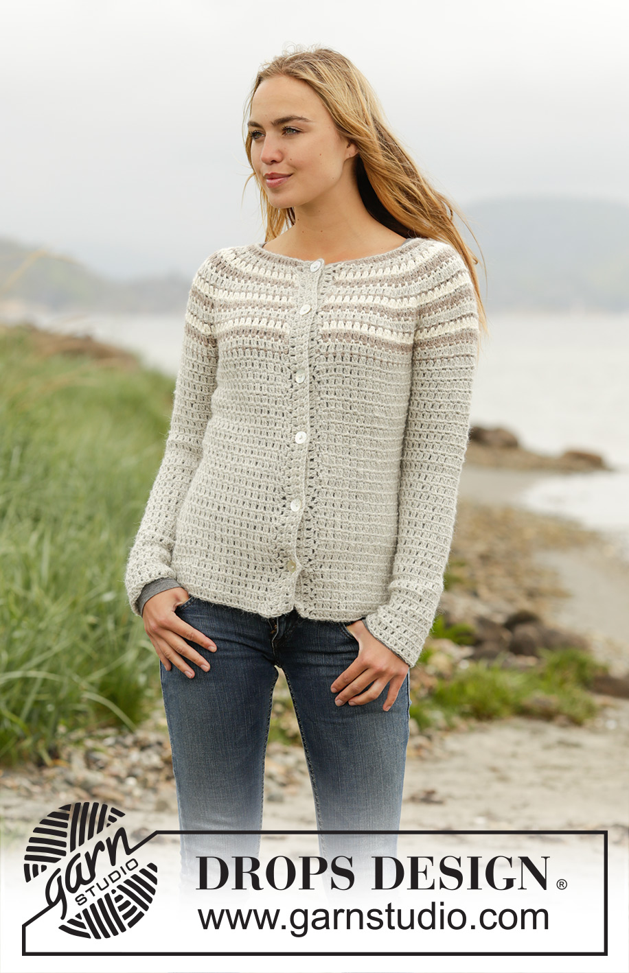 Misty Mountain Cardigan / DROPS 173-38 - Gilet rayé DROPS crocheté de haut en bas, en ”Puna”.  Du S au XXXL.