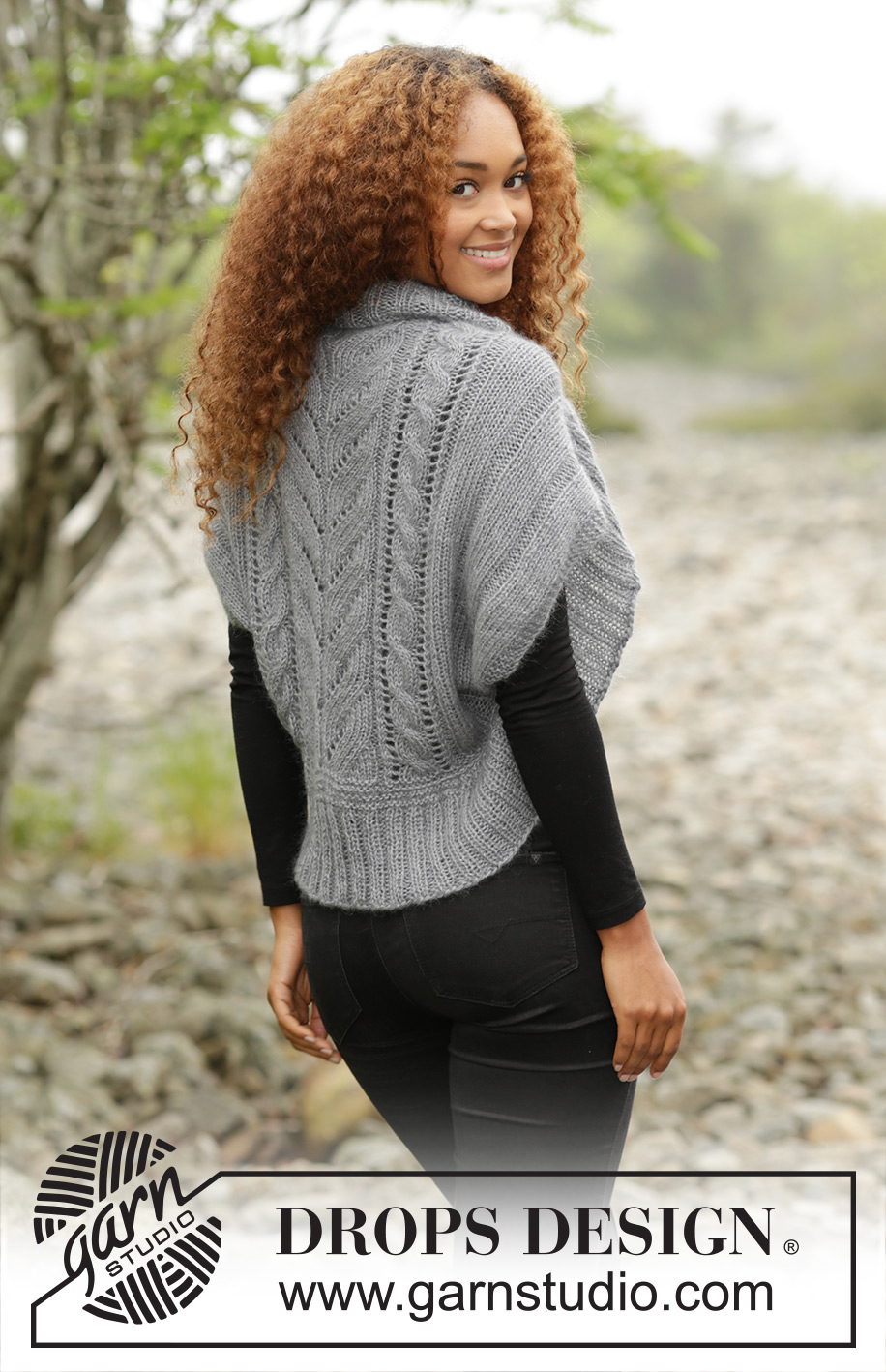 Grey Whisper / DROPS 173-40 - Stickad  bolero i DROPS BabyAlpaca Silk och Kid-Silk med flätor och resår. Stl S - XXXL.