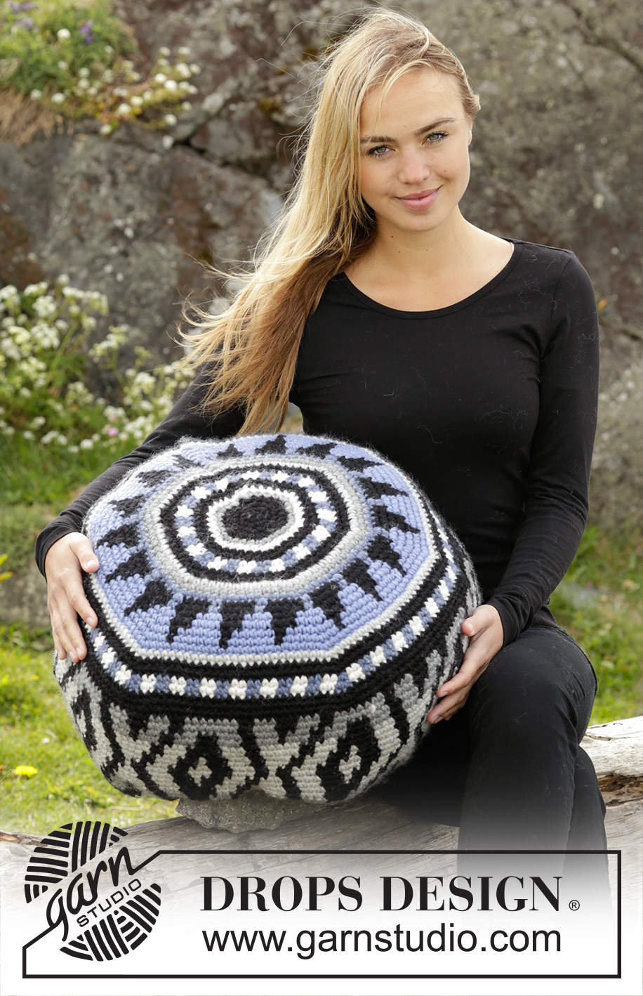 Inti / DROPS 173-52 - Crochet DROPS pouffe with color pattern in ”Snow”.