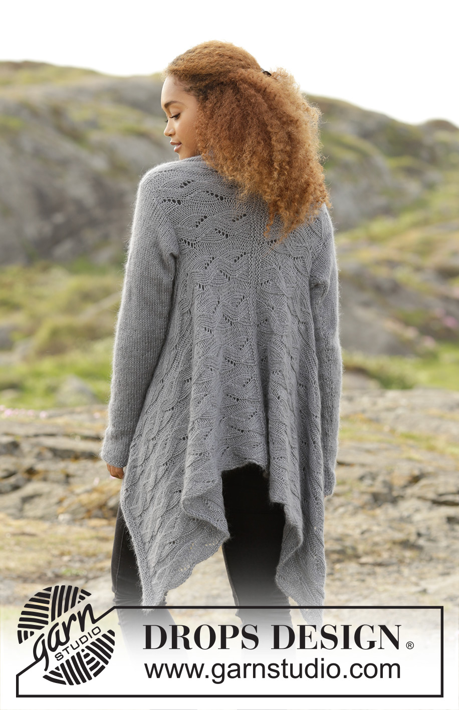 Winter Bird / DROPS 173-6 - Prjónuð ferhyrnd peysa úr DROPS BabyAlpaca Silk og DROPS Kid-Silk með gatamynstri, prjónuð frá hlið. Stærð S - XXXL.