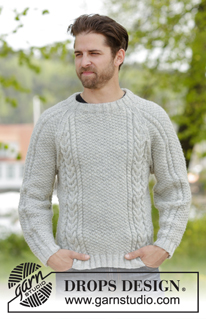 The Rower / DROPS 174-15 - Knitted DROPS men’s jumper with cables, raglan and folding edge at the neck in Karisma. Size: S - XXXL.