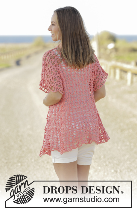 Peach Sorbet / DROPS 175-5 - Gehaakt vest met aangeknipte mouwen van DROPS Paris. Maten S - XXXL.