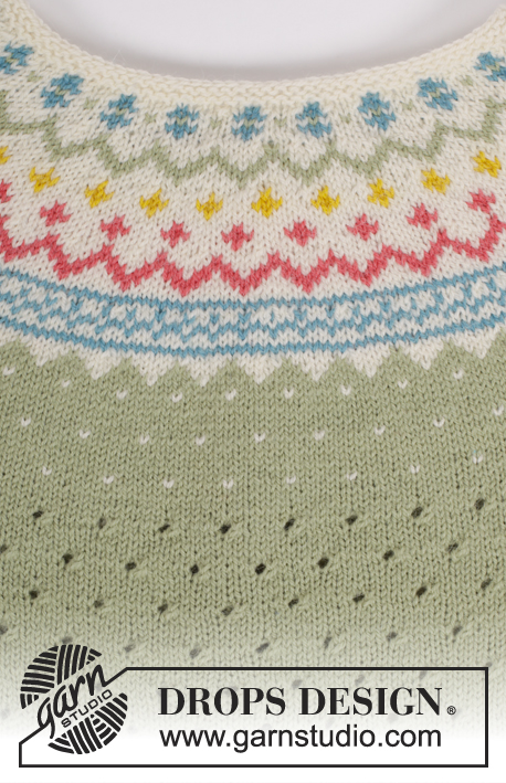 Spring Valley Jumper / DROPS 175-9 - Strikket genser med bølgemønster, rundfelling og flerfarget mønster i DROPS Flora. Størrelse S - XXXL