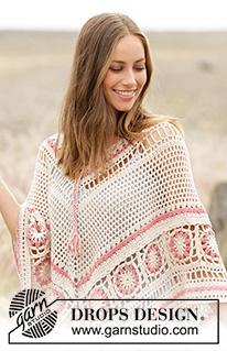 A Wistful Dream / DROPS 176-16 - Poncho avec point ajouré et carrés au crochet, crocheté de haut en bas, en DROPS Belle. Du S au XXXL.