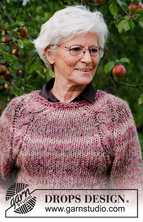 Misty Moor / DROPS 176-19 - DROPS Brushed Alpaca Silk ja DROPS Delight lõngadest ülevalt alla kootud A-lõikega, palmikutega ja raglaan varrukatega džemper suurustele S kuni XXXL