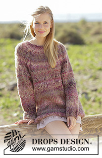 Misty Moor / DROPS 176-19 - DROPS Brushed Alpaca Silk ja DROPS Delight lõngadest ülevalt alla kootud A-lõikega, palmikutega ja raglaan varrukatega džemper suurustele S kuni XXXL