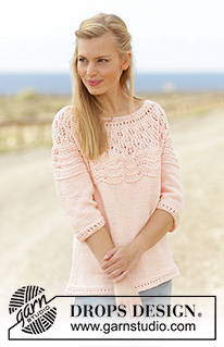 Apricot Cream / DROPS 176-22 - Strikket bluse med hulmønster, bølgemønster og rundt bærestykke i DROPS Muskat. Str S - XXXL.