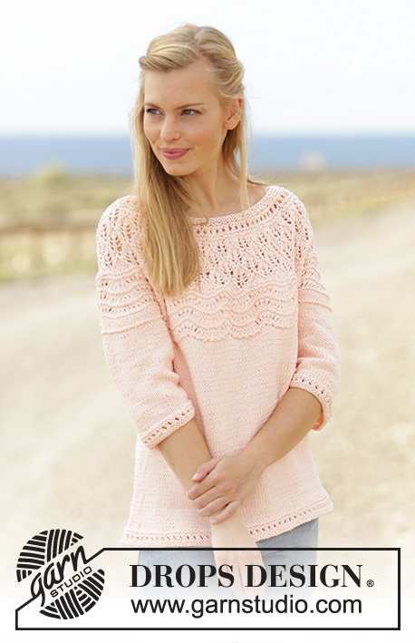 Apricot Cream / DROPS 176-22 - Strikket bluse med hulmønster, bølgemønster og rundt bærestykke i DROPS Muskat. Str S - XXXL.