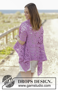 Lilac Dream / DROPS 177-28 - Sweter na szydełku, przerabiany po kwadracie, ze ściegiem ażurowym i krótkim rękawem, z włóczki DROPS Cotton Light. Od S do XXXL
