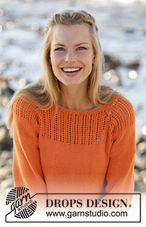 Orange Dream / DROPS 178-44 - Von oben nach unten gestrickter Pullover mit 3/4-langen Raglanärmeln, Lochmuster an der Passe und A-Schnitt in DROPS Safran. Größe S - XXXL.