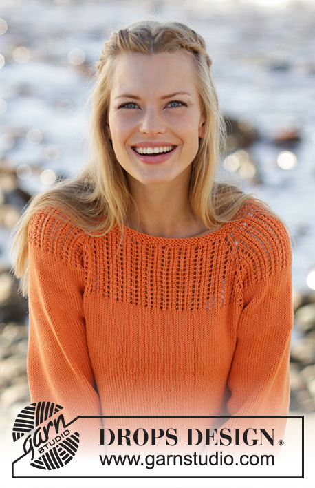 Orange Dream / DROPS 178-44 - Von oben nach unten gestrickter Pullover mit 3/4-langen Raglanärmeln, Lochmuster an der Passe und A-Schnitt in DROPS Safran. Größe S - XXXL.