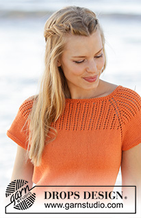 Orange Dream Top / DROPS 178-45 - Top tricotado de cima para baixo com raglan, encaixe rendado e forma trapézio, em DROPS Safran. Do S ao XXXL