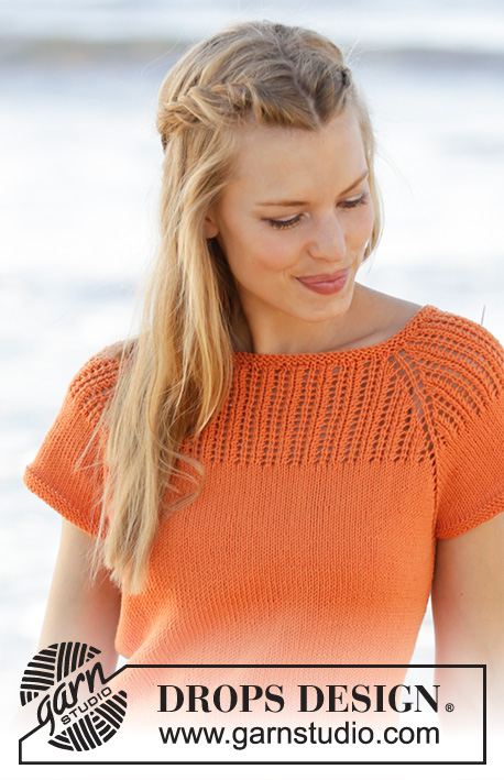 Orange Dream Top / DROPS 178-45 - Top tricotado de cima para baixo com raglan, encaixe rendado e forma trapézio, em DROPS Safran. Do S ao XXXL