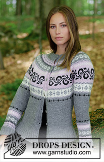 Telemark Jacket / DROPS 179-10 - Stickad kofta med runt ok och flerfärgat norskt mönster, stickad uppifrån och ner. Storlek S - XXXL. 
Arbetet är stickat i DROPS Merino Extra Fine.
