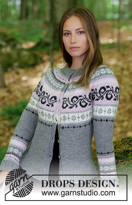 Telemark Jacket / DROPS 179-10 - Stickad kofta med runt ok och flerfärgat norskt mönster, stickad uppifrån och ner. Storlek S - XXXL. 
Arbetet är stickat i DROPS Merino Extra Fine.
