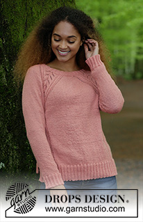 Für Elise / DROPS 179-23 - Gestrickter Pullover mit Raglanärmeln, Lochmuster, Zopfmuster und A-Schnitt, gestrickt von oben nach unten. Größe S - XXXL.
Die Arbeit wird gestrickt in DROPS Flora.