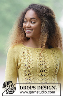 Lemon Parfait / DROPS 180-1 - Jersey de punto con patrón de hojas y raglán. Tallas S - XXXL. La prenda está realizada en DROPS Cotton Merino.