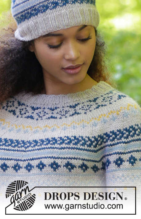 Lillehammer / DROPS 180-18 - Das Set umfasst: Gestrickte Mütze mit mehrfarbigem Norwegermuster und Pompon. Pullover mit Rundpasse und mehrfarbigem Muster, gestrickt von oben nach unten. Größe S - XXXL.
Die Arbeit wird gestrickt in DROPS Nepal.