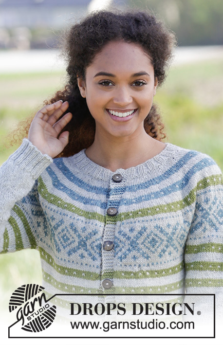Nova Scotia Cardigan / DROPS 180-21 - Propínací svetr – kabátek s kruhovým sedlem a norským vzorem, rozšířený do A a pletený shora dolů z příze DROPS Karisma. Velikost: S - XXXL.