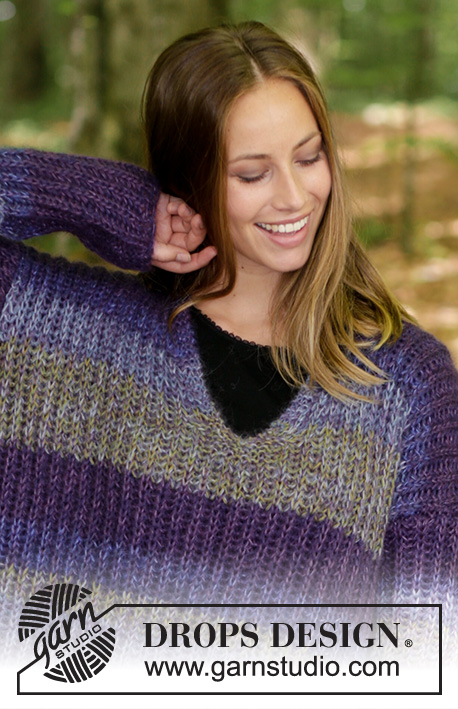 Between the Lines / DROPS 180-34 - Gebreide oversizede trui met Engelse patentsteek, V-hals en strepen. Maat: S - XXXL
Het werk wordt gebreid in 1 draad DROPS Alpaca en 2 draden DROPS Kid-Silk.