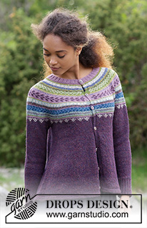 Blueberry Fizz Jacket / DROPS 180-8 - Knitted jacket with round yoke, multi-coloured Norwegian pattern and A-shape, worked top down. Sizes S - XXXL.
The piece is worked in DROPS Alpaca.