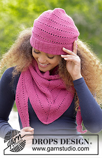 Very Berry / DROPS 182-1 - Completo ai ferri formato da: Berretto e scialle a punto legaccio con motivo traforato. Il completo è lavorato in DROPS BabyMerino.