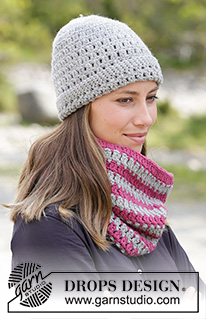 Auruna / DROPS 182-10 - L’ensemble se compose de: bonnet et tour de cou au crochet, avec rayures et point ajouré.
L’ensemble se crochète en DROPS Nepal.