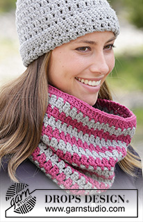 Auruna / DROPS 182-10 - L’ensemble se compose de: bonnet et tour de cou au crochet, avec rayures et point ajouré.
L’ensemble se crochète en DROPS Nepal.