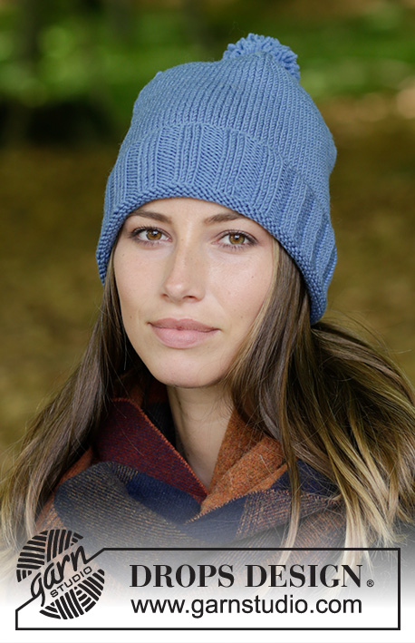 Limingen / DROPS 182-11 - Strikket lue med kant i vrangbord og pongpong.
Arbeidet er strikket i DROPS Merino Extra Fine
