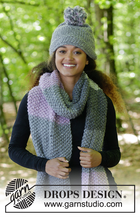 So Chill / DROPS 182-34 - The set consists of: Knitted scarf in seed stitch with fringe and hat with stripes in stockinette stitch and seed stitch.
The piece is worked in DROPS Snow.