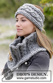 Crowning Cables / DROPS 182-36 - Set consists of: Knitted neck warmer and head band with false cables and rib.
Set is knitted in DROPS Polaris.