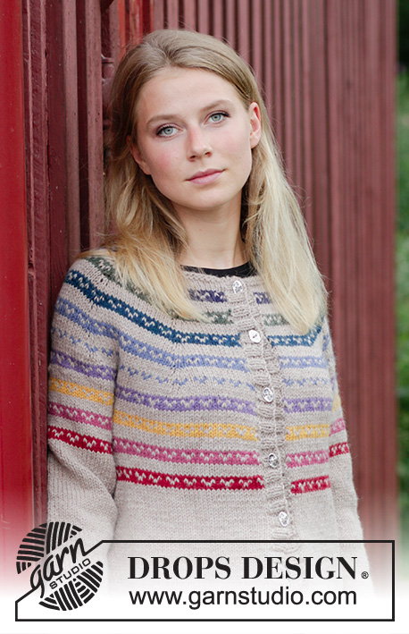Rainbow Hugs Jacket / DROPS 183-26 - Gestrickte Jacke mit mehrfarbigem nordischem Fana Muster, Streifen und Rundpasse, gestrickt von oben nach unten, mit Seitenschlitzen. Größe S - XXXL. Die Arbeit wird gestrickt in DROPS Nepal.