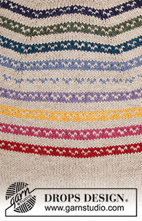 Rainbow Hugs Jacket / DROPS 183-26 - Gestrickte Jacke mit mehrfarbigem nordischem Fana Muster, Streifen und Rundpasse, gestrickt von oben nach unten, mit Seitenschlitzen. Größe S - XXXL. Die Arbeit wird gestrickt in DROPS Nepal.