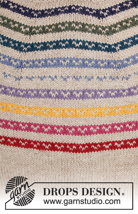 Rainbow Hugs Jacket / DROPS 183-26 - Gestrickte Jacke mit mehrfarbigem nordischem Fana Muster, Streifen und Rundpasse, gestrickt von oben nach unten, mit Seitenschlitzen. Größe S - XXXL. Die Arbeit wird gestrickt in DROPS Nepal.