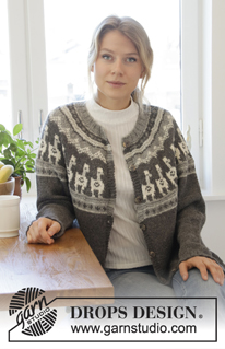 Andean Caravan Jacket / DROPS 184-19 - Komplekt: DROPS Puna lõngast ülevalt alla kootud mitmevärvilise laama mustriga, alt laienev ja ümara passega kardigan ning müts suurustele S kuni XXXL