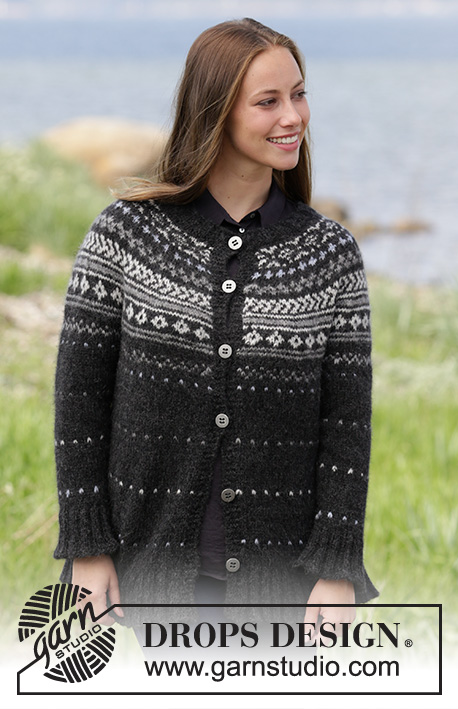 Night Shade Jacket / DROPS 184-25 - DROPS Air lõngast ülevalt alla kootud mitmevärvilise Norra mustriga ja ümara passega kardigan suurustele S kuni XXXL