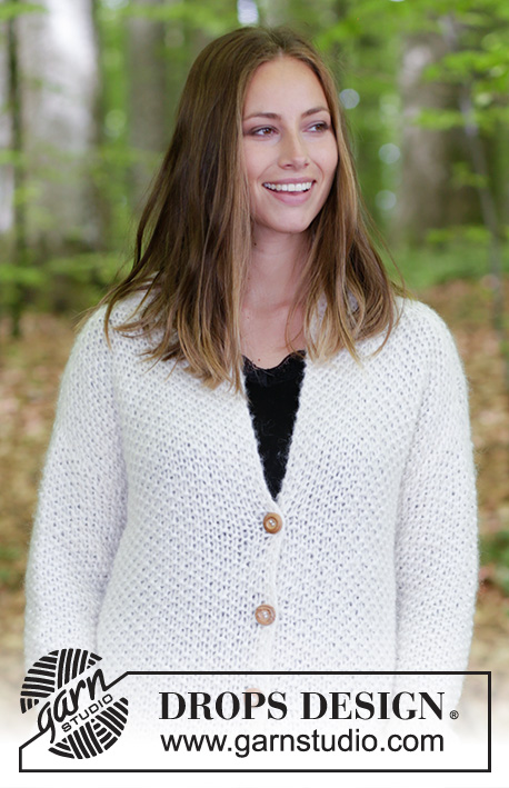 Cordillera / DROPS 184-27 - Jacket with moss stitch and collar.  Size: S - XXXL
Piece is knitted in DROPS Air and DROPS Brushed Alpaca Silk.