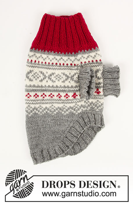 Narvik Woof / DROPS 185-34 - Dog’s knitted jumper with multi-coloured Nordic pattern. Sizes XS - M. The piece is worked in DROPS Merino Extra Fine.