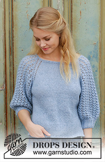 Bejeweled / DROPS 186-35 - Pullover mit Raglanärmeln und Lochmuster an den Ärmeln, gestrickt von oben nach unten. Größe S - XXXL. Die Arbeit wird gestrickt in DROPS Alpaca und DROPS Kid-Silk.