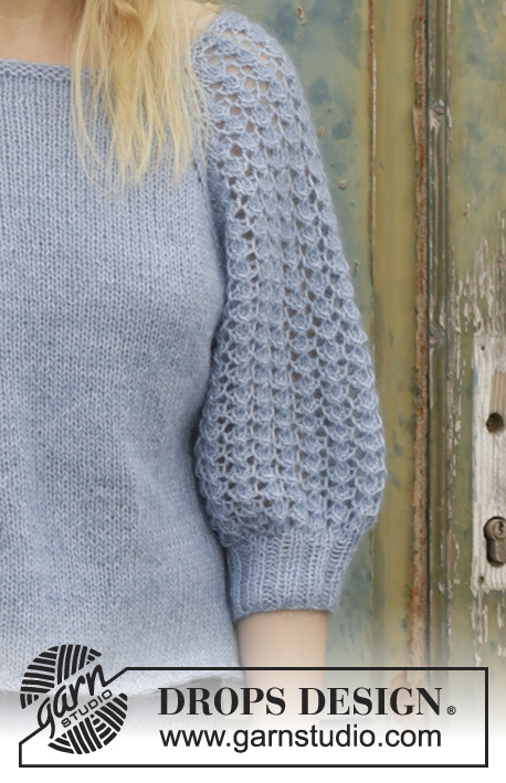 Bejeweled / DROPS 186-35 - Pullover mit Raglanärmeln und Lochmuster an den Ärmeln, gestrickt von oben nach unten. Größe S - XXXL. Die Arbeit wird gestrickt in DROPS Alpaca und DROPS Kid-Silk.