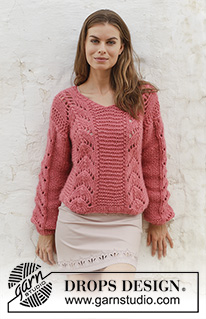 Spring Peach / DROPS 186-9 - Knitted sweater with V-neck and lace pattern. Sizes S - XXXL. The piece is worked in 2 strands DROPS Air.