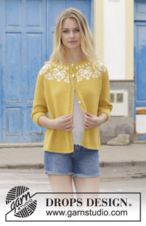 Golden Heart Jacket / DROPS 187-11 - Jacke mit Rundpasse, mehrfarbigem Norwegermuster und ¾ langen Ärmeln, gestrickt von oben nach unten. Größe S - XXXL. Die Arbeit wird gestrickt in DROPS Cotton Merino.