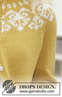 Golden Heart Jacket / DROPS 187-11 - Jacke mit Rundpasse, mehrfarbigem Norwegermuster und ¾ langen Ärmeln, gestrickt von oben nach unten. Größe S - XXXL. Die Arbeit wird gestrickt in DROPS Cotton Merino.