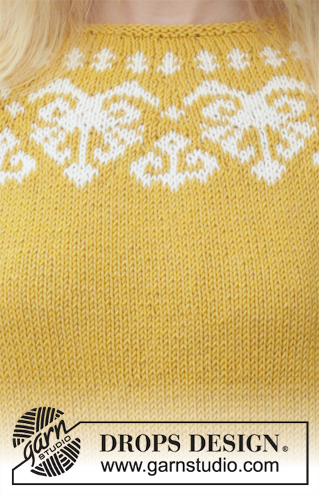 Golden Heart / DROPS 187-12 - Knitted jumper with round yoke, multi-coloured Norwegian pattern and ¾-length sleeves, worked top down. Sizes S - XXXL. The piece is worked in DROPS Merino Extra Fine.