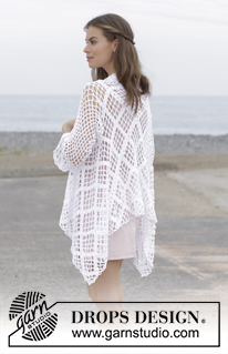 White Shore / DROPS 187-7 - Crochet jacket with lace pattern, worked in a square from mid back outwards. Sizes S - XXXL. The piece is worked in DROPS Belle.
