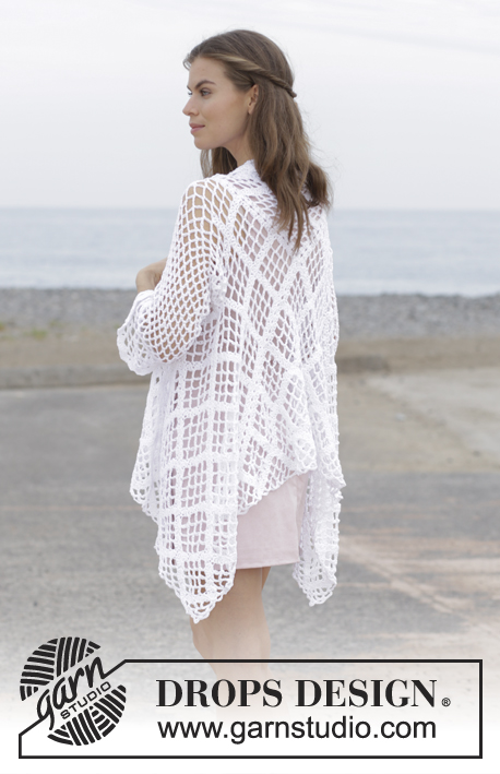 White Shore / DROPS 187-7 - Crochet jacket with lace pattern, worked in a square from mid back outwards. Sizes S - XXXL. The piece is worked in DROPS Belle.
