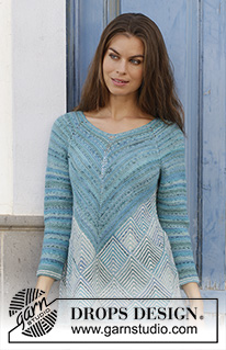 Atlantis Sweater / DROPS 188-15 - DROPS Fabel lõngast ülevalt alla kootud ripskoes, triipudega ja doomino ruutudega, raglaan varrukatega džemper suurustele S kuni XXXL