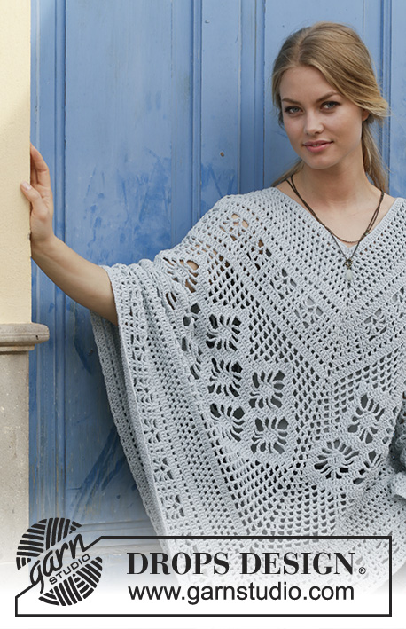 Cressida / DROPS 188-27 - Poncho crocheté de haut en bas avec point ajouré, en DROPS Paris. Du S au XXXL